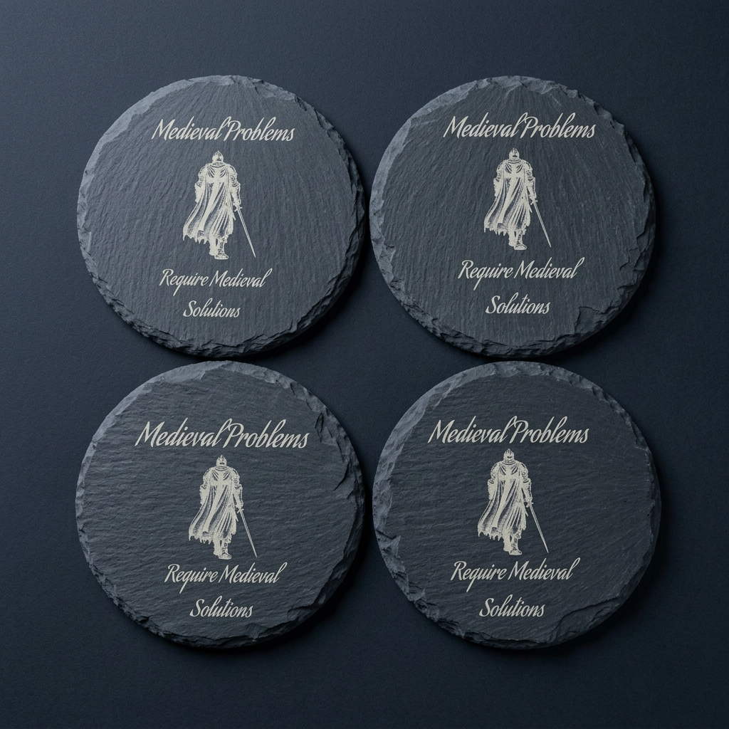 Four slate coasters engraved with a medieval knight design