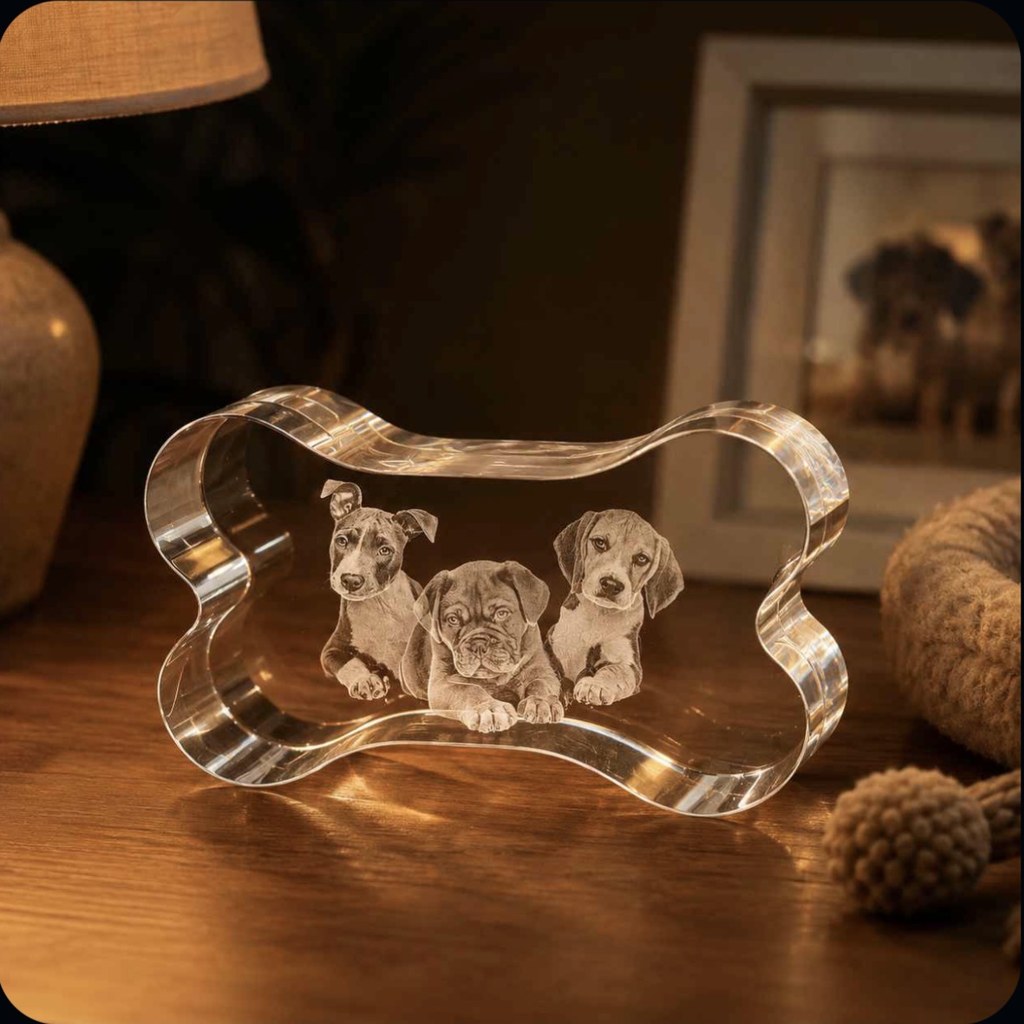 Bone-shaped crystal engraved with three puppies