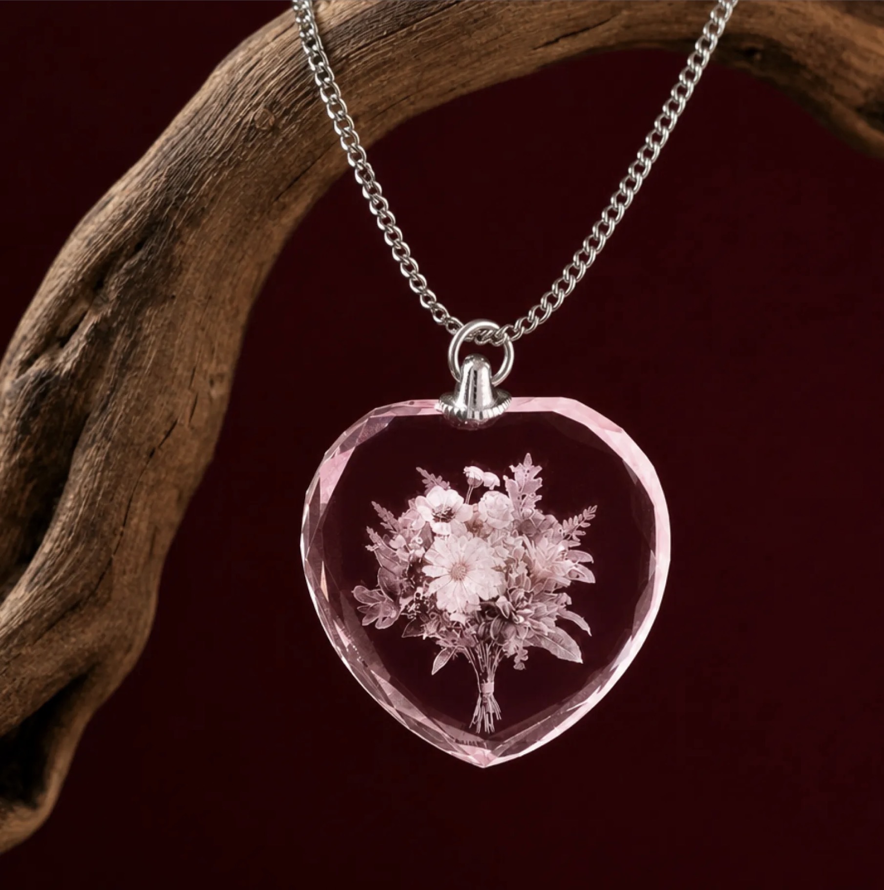 Pink crystal heart necklace with a flower bouquet engraved inside