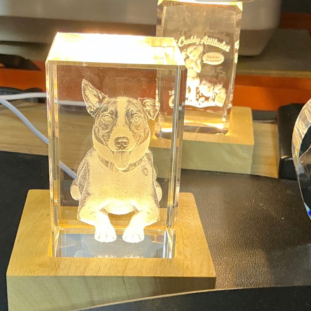 Cattle dog portrait etched in a lit crystal block beside a faceted heart crystal