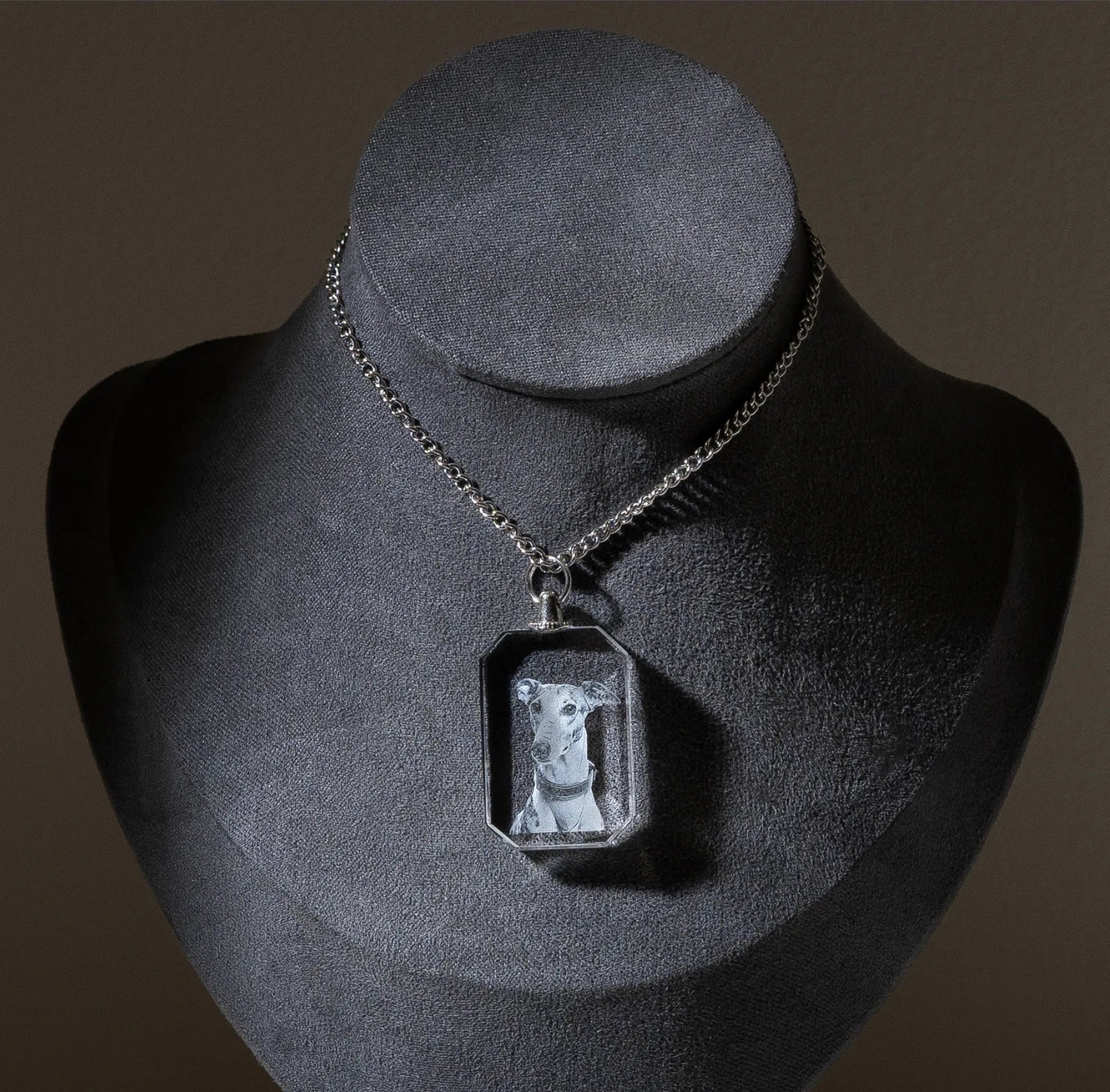 Rectangular crystal pendant necklace with a dog portrait engraved inside