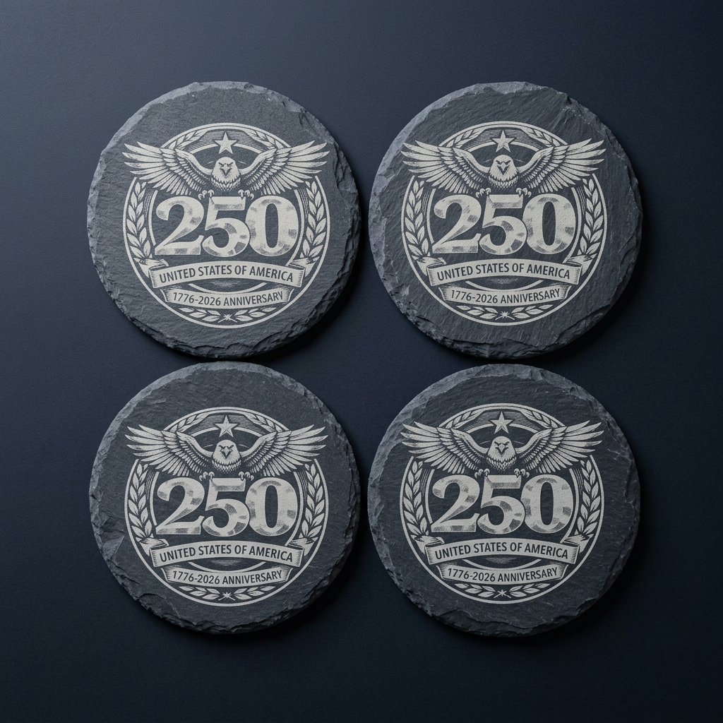 Four slate coasters laser engraved with a United States 250th anniversary design